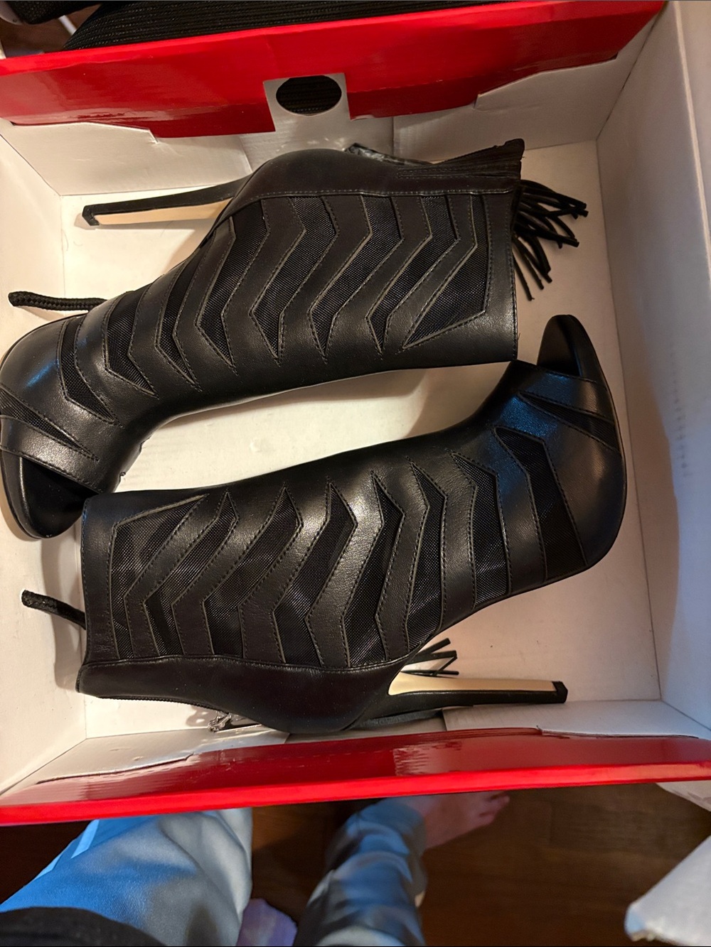 Guess Black Peep-Toe Chevron Stiletto Ankle Boots